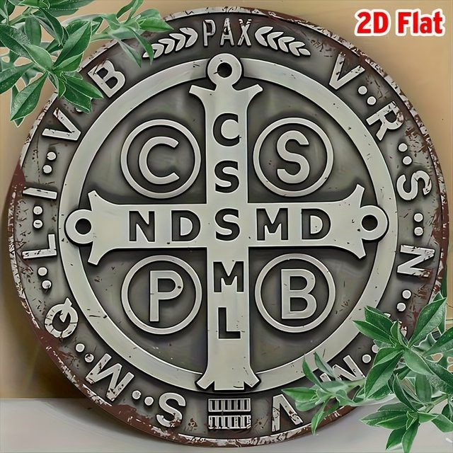 Potdemiel Retro Saint Benedict Medal Aluminium Wandkunst, rundes Metallschild in Silber, Durchmesser: 19,81 cm - Bild 1