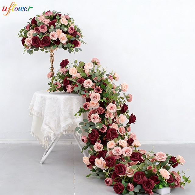 Uflower Künstliche Blumen als Tischdekoration mit roten Rosen und grünen Blättern für Hochzeit und Party, Durchmesser: 30 cm x 30 cm - Bild 1