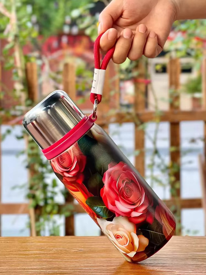 Edelstahl Isolierbecher mit Retro-Rosenmuster in Grün und Multicolour, tragbarer Thermo-Becher mit großem Fassungsvermögen für das Auto - Bild 2