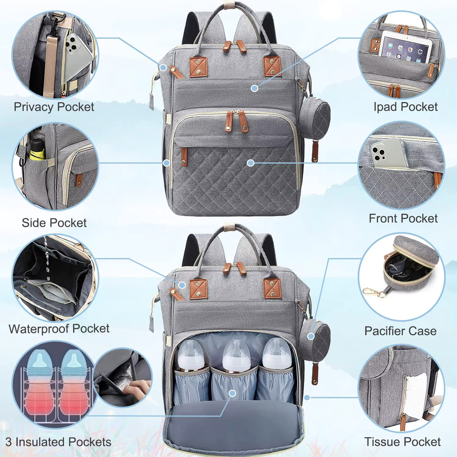 Wickeltasche als Rucksack mit Polsterung und Schnulleretui für Mutter und Vater in Orange, Pink oder Grau - Bild 3