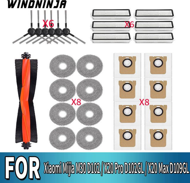WINDNINJA Zubehör-Set für Xiaomi Mijia M30 D102 X20 Pro D102GL X20 Max D109GL mit Hauptbürste, Seitenbürste, Staubbeutel, HEPA-Filter und Wischpads - Bild 1
