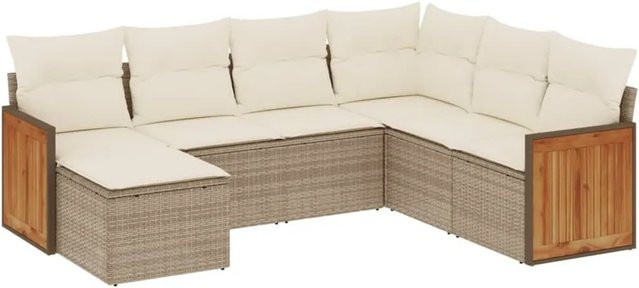 vidaXL 7-tlg. Garten-Sofagarnitur in L-Form aus PE-Rattan und Akazienholz mit Kissen in Beige-Creme - Bild 1