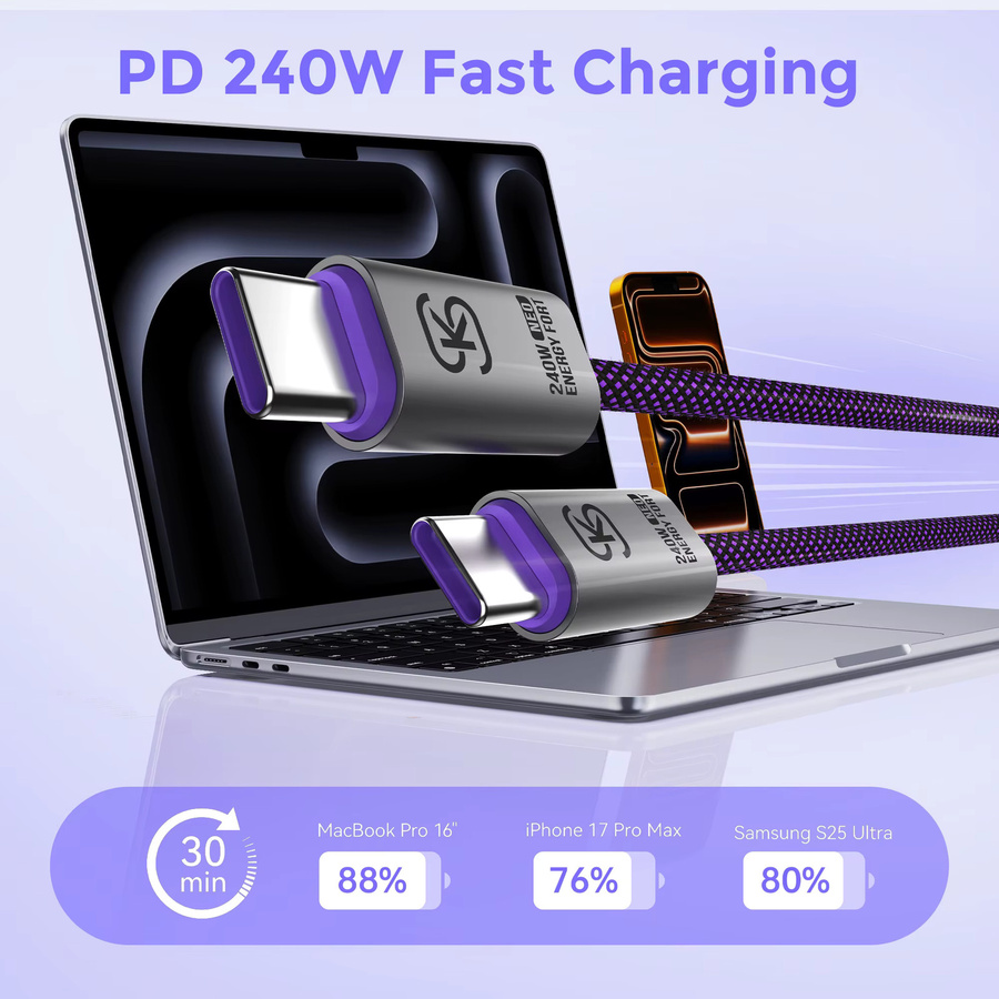 MOSHOU USB-C zu USB-C Kabel 240W in Purple für schnelles Laden von iPhone, Samsung und Laptops - Bild 2