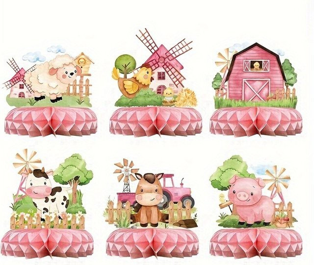 OURFETE Waben-Tischdekoration Bauernhof-Tiermotive in Rosa mit Schaf, Kuh, Schwein und Windmühle für Babypartys - Bild 1