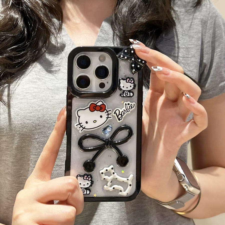 Sanrio Hello Kitty Handyhülle mit Cartoon-Glitzerpulver und Schleife für iPhone 17 16 15 14 Pro Max 13 in Schwarz - Bild 2