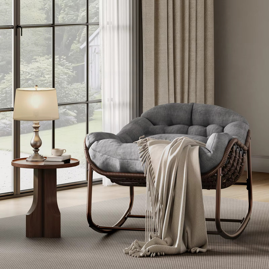 HiMISS Übergroßer Papasan-Schaukelstuhl für die Terrasse mit Rattan-Geflecht und grauem Kissen, Outdoor-Lounge-Schaukelstuhl im Boho-Stil - Bild 5