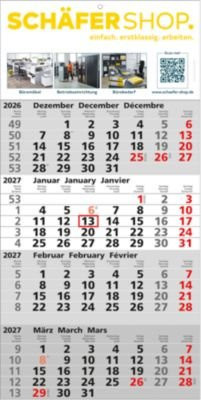 Schäfer Shop Select 4 Monats-Wandkalender Quattro 2027, 3-sprachig, grau-weiß, B: 30 cm, H: 60 cm