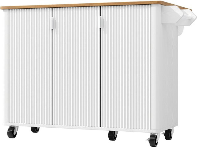 Mobile Kücheninsel von FC in Weiß mit faltbarer Arbeitsplatte, 3 Türen, Handtuchhalter und Gewürzregal, B/T/H: 130 x 45 x 92 cm - Bild 1