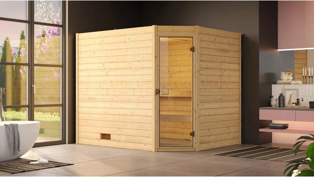 WEKA Massivholzsauna Valida Eck 3 in Braun mit 9 kW Ofen und externer Steuerung für 6 Personen - Bild 3