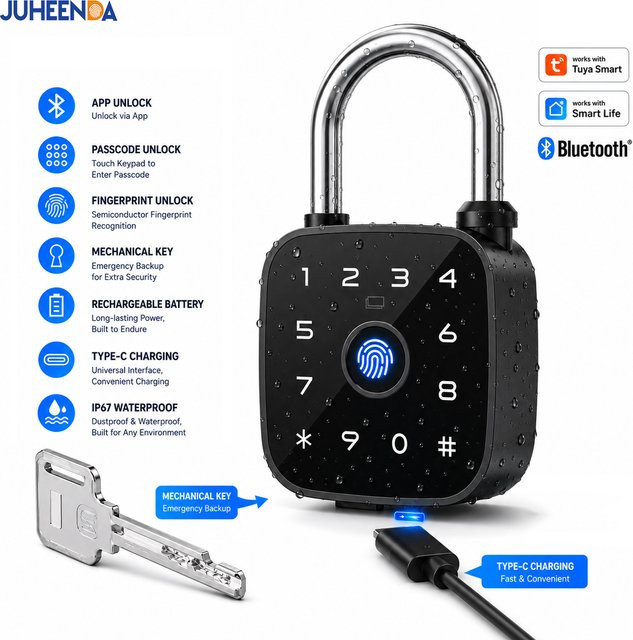 Tuya Bluetooth Fingerabdruck-Vorhängeschloss, digitales Gepäckschloss mit Passwortfunktion, IP67 wasserdicht, wiederaufladbares elektronisches Sicherheitsschloss für den Außenbereich in Schwarz oder Braun - Bild 1