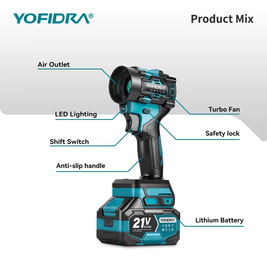 YOFIDRA 2-in-1 Bürstenloser Elektro-Turbolüfter und Staubsauger als Laub- und Staubblasgerät für Makita 21V Akku - Bild 2