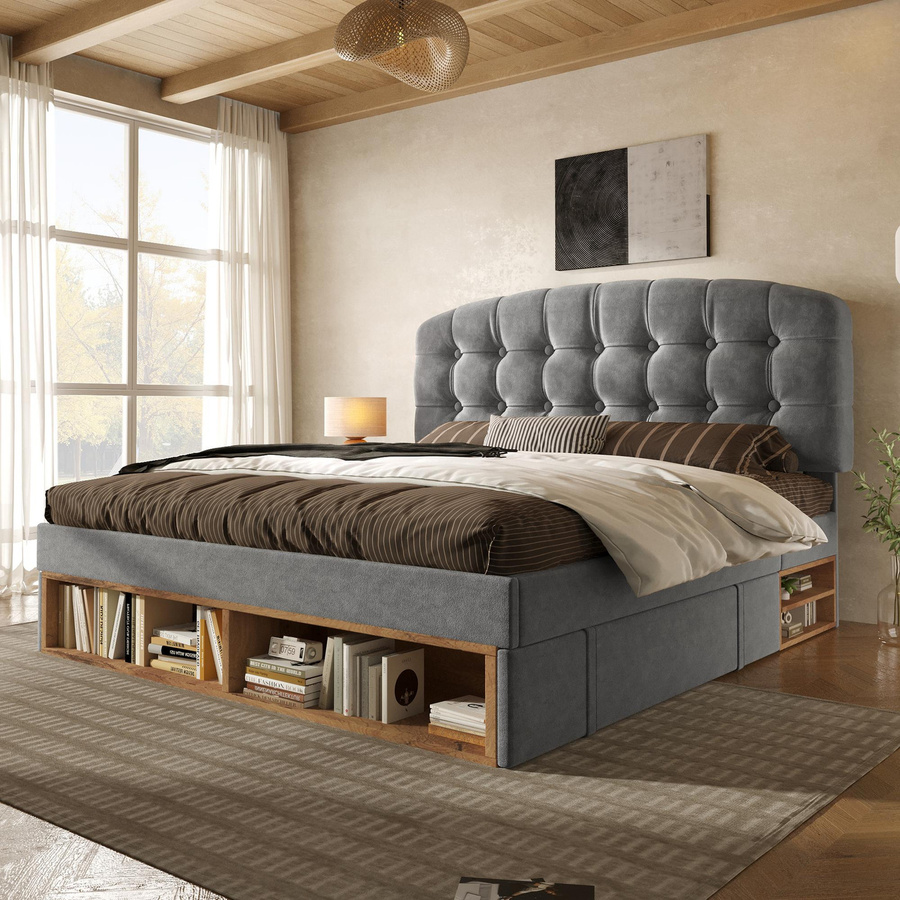 AB Store Polsterbett Grau mit Schubladen und Staufächern, B/T/H: 207 x 101 x 120 cm - Bild 2