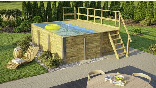 WEKA Massivholzpool 595 rechteckiger Aufstellpool mit Technikraum und Sonnendeck in Blau, B/T/H: 315 x 203 x 116 cm - Bild 1