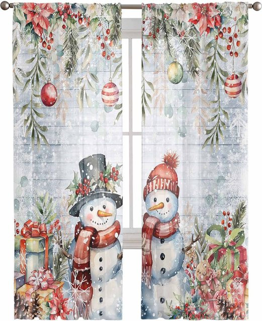 Transparente Weihnachts-Tüllvorhänge von Your Warm Home mit Schneemann- und Schneeflocken-Motiv, Farbe: Transparent/Mehrfarbig, B: 135 cm, H: 114 cm - Bild 1