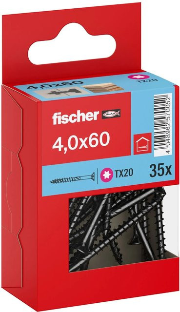 Fischer PowerFast II Senkkopf Schraube mit Torx-Antrieb und Teilgewinde in Schwarz, Durchmesser: 4 mm, Länge: 60 mm, 35 Stück - Bild 1
