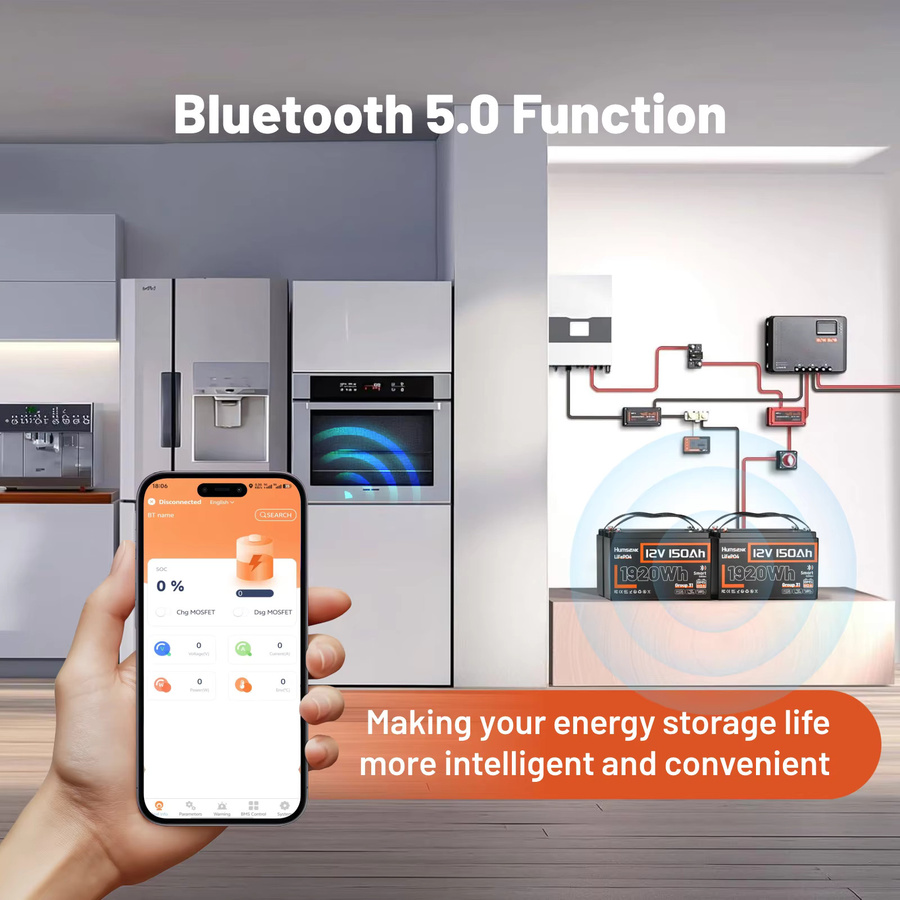 Humsienk Bluetooth 12V 150Ah Lithium LiFePO4 Deep-Cycle-Batterie in Schwarz mit 110A BMS für Solar, Wohnmobile und Marine - Bild 6