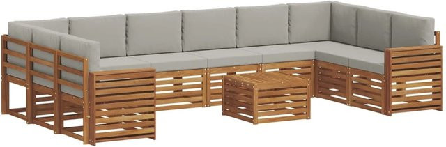 vidaXL Sofagarnitur 11-teilig L-Form aus Massivholz Akazie in Natur und Hellgrau mit Polsterung und Armlehnen - Bild 1