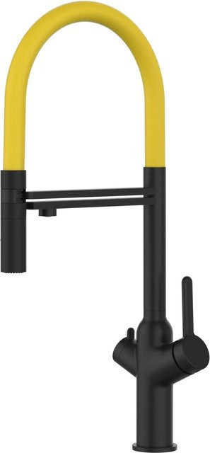 VIZIO 4-Wege Küchenarmatur mit Einhebelmischer, 360 Grad schwenkbarem Auslauf und abnehmbarer 2-Strahl Handbrause, Schwarz Matt mit Gelb-Akzenten - Bild 1