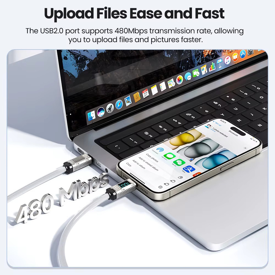 Toocki USB-C auf USB-C Datenkabel mit Display, 100W Schnellladekabel aus Zinklegierung in Weiß - Bild 4