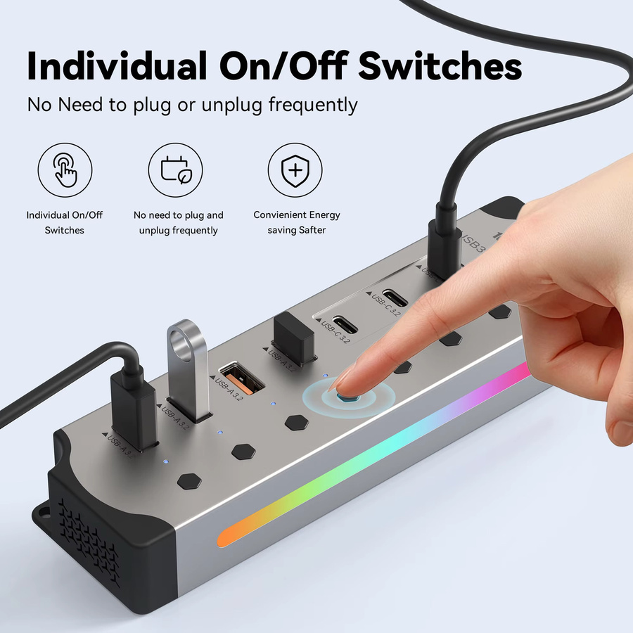 MOSHOU USB-Hub aus Aluminium mit 7 Ports, 10 Gbit/s, USB-A und USB-C 3.2, Silber, inklusive 12-V-Netzteil und individuellen Ein-/Aus-Schaltern für Laptop und PC - Bild 4