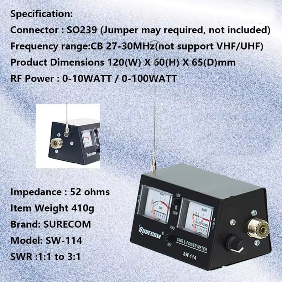 Surecom SW-114 100W SWR/RF/Feldstärkemessgerät in Schwarz mit Antenne und Kabel für Relativleistung (3-Funktionen, Analog) - Bild 2