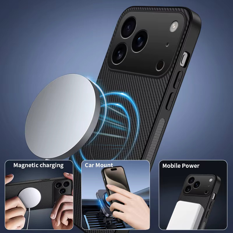 CYYWN Magnetic Case für iPhone 17 Pro Max 16 15 14 13 Pro Max mit Carbon Fiber Textur und PU Leder in Schwarz oder Blau - Bild 4