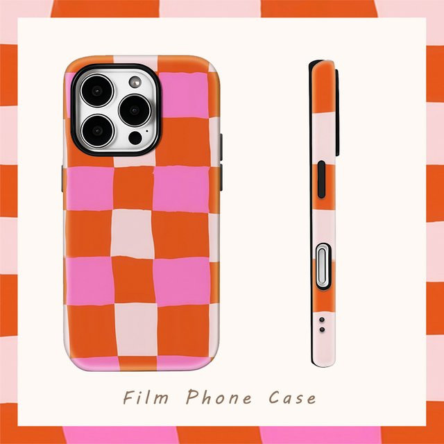 Potdemiel Gingham Handyhülle für iPhone in Rosa und Orange mit doppellagiger Rückseite - Bild 1