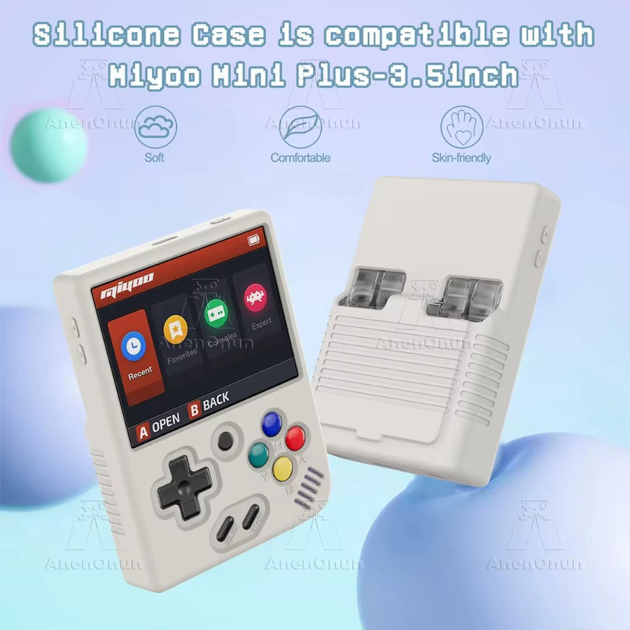 AnenOnun Silikon-Schutzhülle für Miyoo Mini Plus mit Trageband in Purple und White, sturzsichere Softshell-Abdeckung für Retro-Handhelds - Bild 2