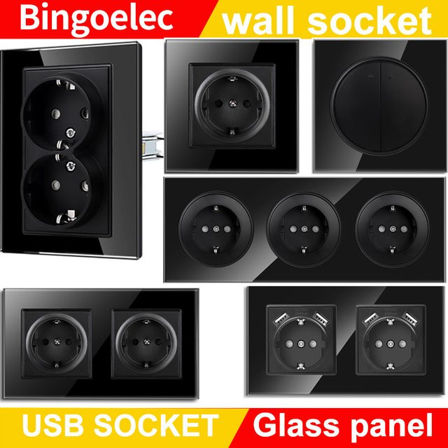 Bingo elec Doppelsteckdose in Schwarz mit gehärtetem Glas, 16A EU Standard mit Erdung, B/H: 11,8 x 8,6 cm - Bild 1