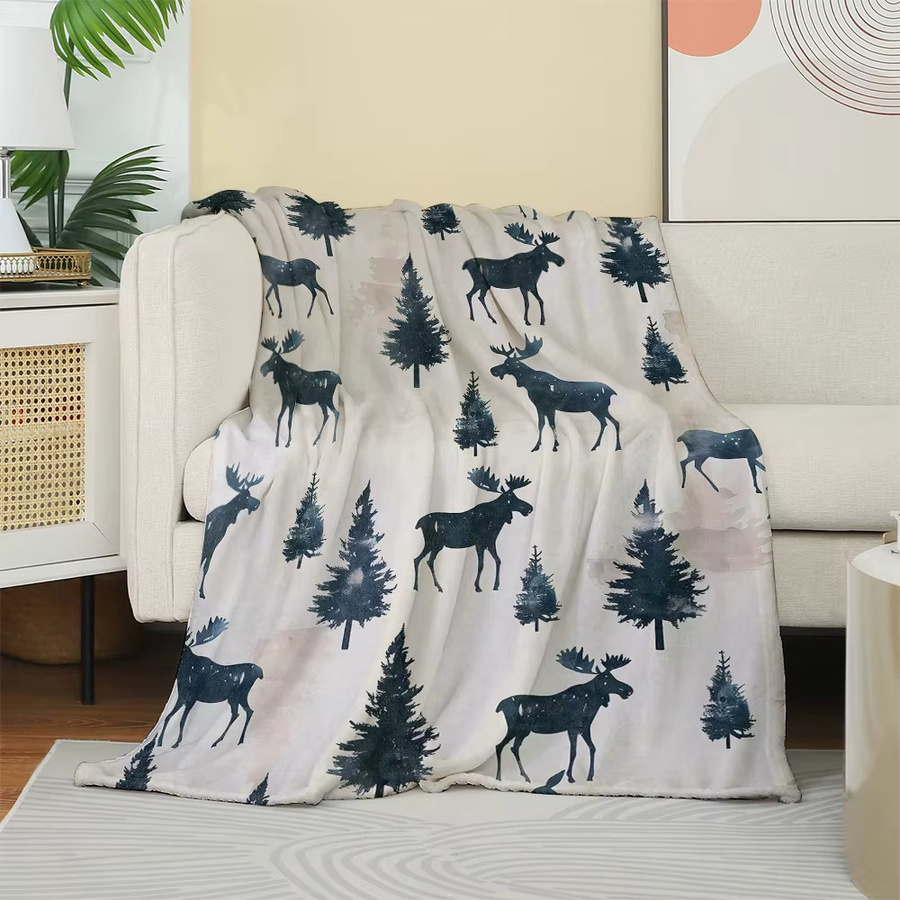 Weiche Flanell Decke mit Rentier und Zeder Muster, Fluffy Überwurf aus Polyester für Erwachsene - Bild 2