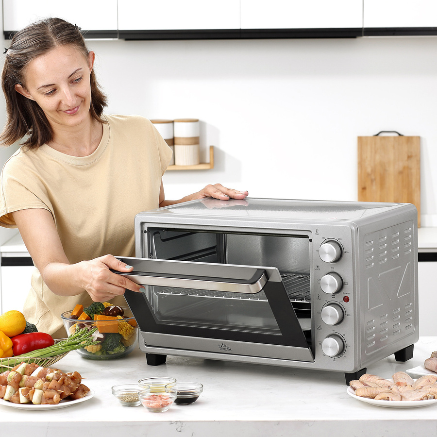 HOMCOM Minibackofen 32L mit Grillfunktion, 1600W, Edelstahl und Glas, Silber, B/T/H: 52,2 x 38,1 x 33,5 cm - Bild 2
