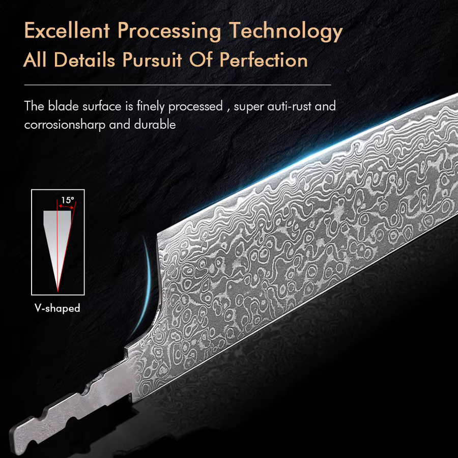 TURWHO Japanisches handgeschmiedetes Kochmesser aus AUS-10 Damaststahl als DIY Blank Blade in Silber ohne Griff - Bild 3