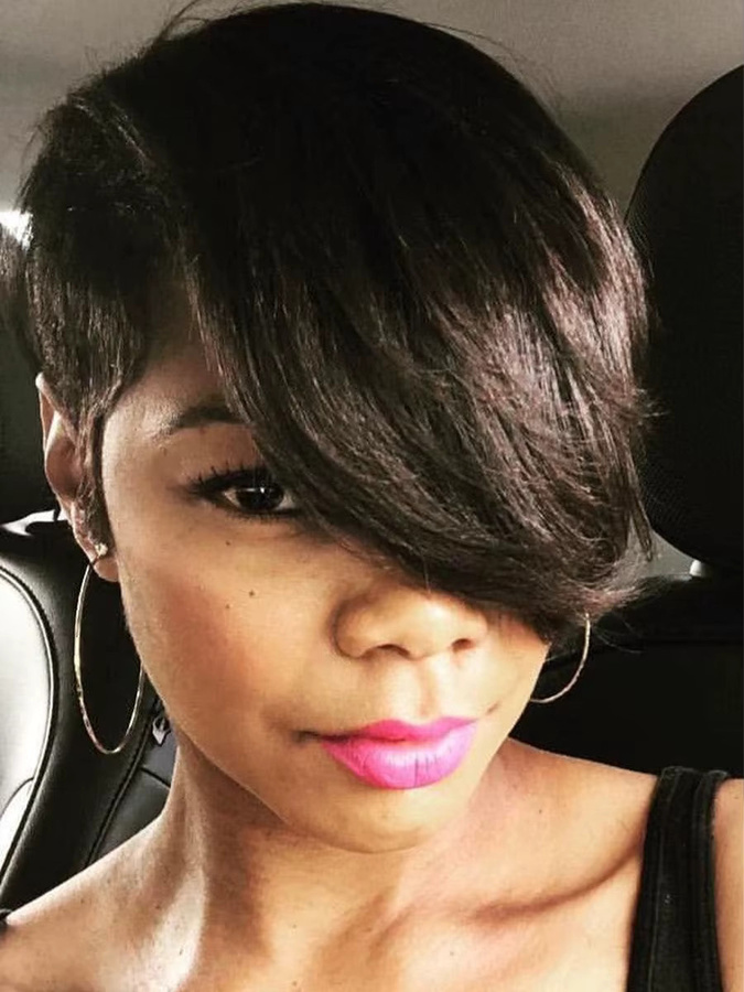OYM HAIR Pixie-Schnitt-Perücke aus Echthaar, geschichtet, mit langem Pony - Bild 5