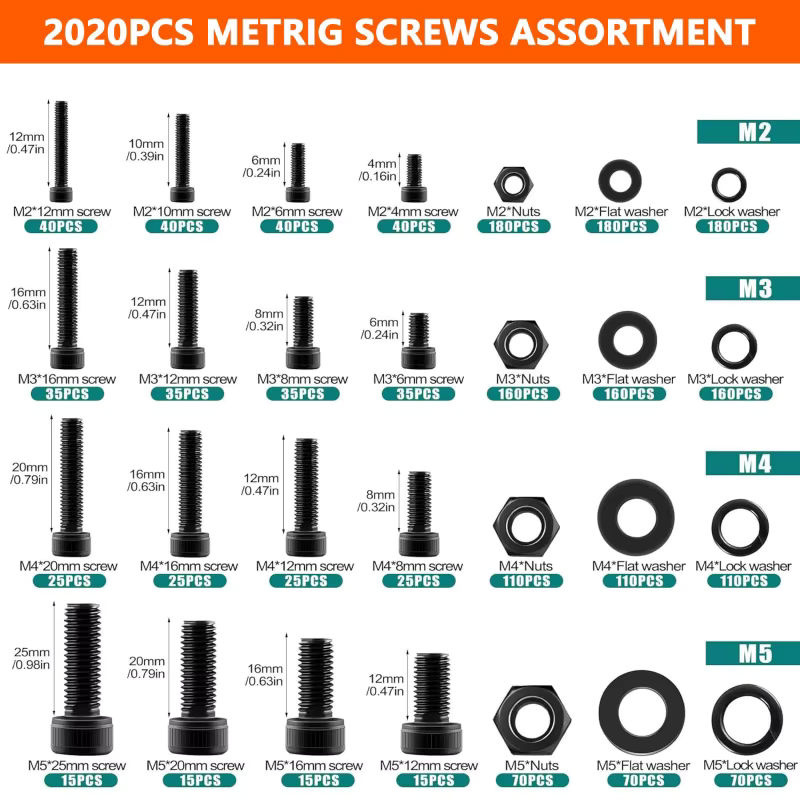 BOVILEVR Maschinenschrauben-Sortiment mit M2, M3, M4, M5 Schrauben, Muttern, Bolzen und Unterlegscheiben aus 12,9 legiertem Stahl in Schwarz mit Innensechskant, 2000 Stück - Bild 3