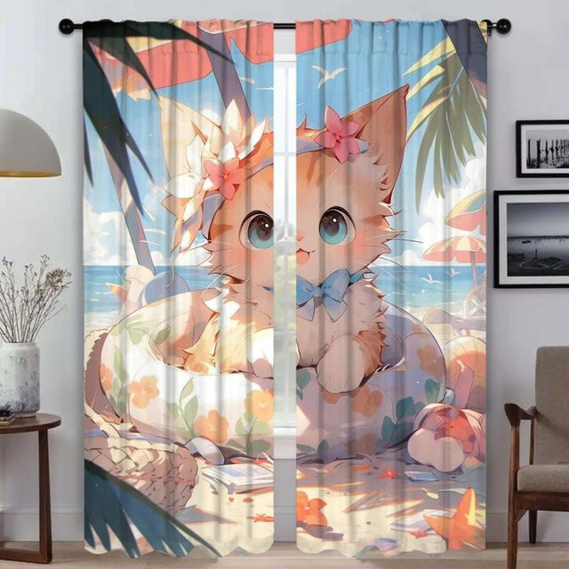 Moskitonetz-Vorhang mit Cartoon-Katzen-Motiv für das Kinderzimmer, 2 Paneele, B: 50 cm, H: 70 cm, Mehrfarbig - Bild 1