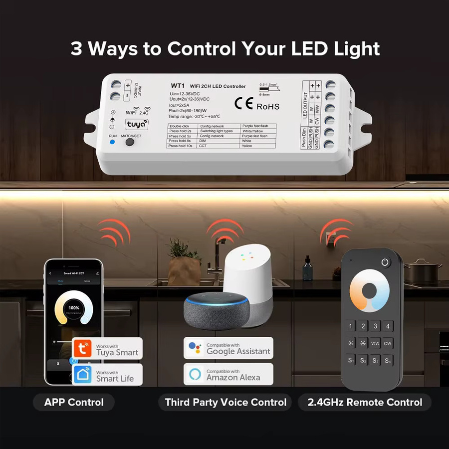 CENFAYA Tuya WiFi Smart LED Streifen Controller 2CH CCT Dimmer für DC 12V 24V mit Alexa und Google Home sowie RF 2,4G Fernbedienung - Bild 2