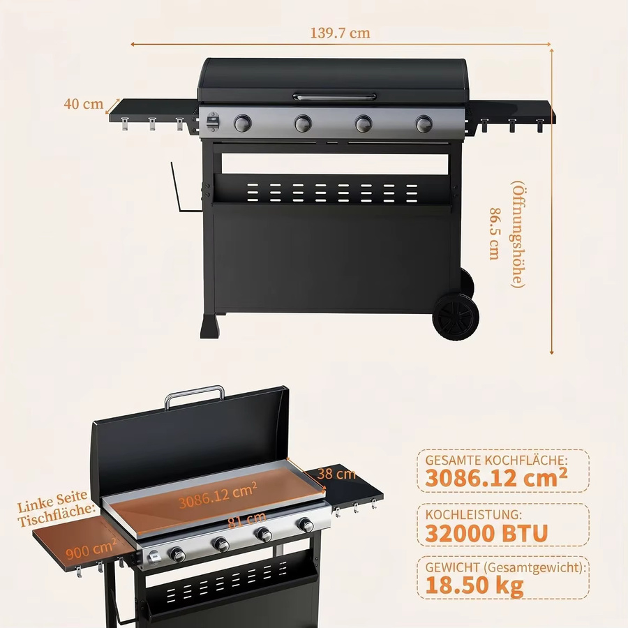 HiMISS 2-in-1 Gasgrill mit 4 Flammen und Plancha-Oberfläche in Schwarz mit wetterfester Haube und 32.000 BTU Leistung - Bild 6