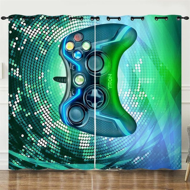 A Family Of Home Textiles Verdunkelungsvorhänge für Gamer und Kinder mit 3D-Gamepad-Design, Grün, Breite: 100 cm, Höhe: 160 cm - Bild 1