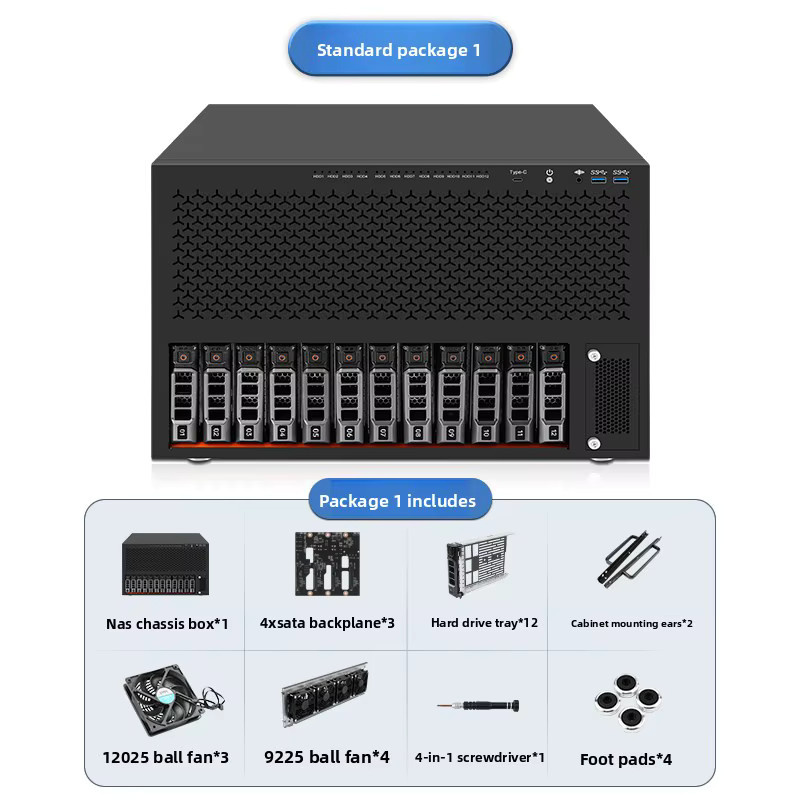 VBNM Enterprise NAS-Gehäuse in Schwarz mit 12 Hot-Swap-Bays, unterstützt ITX, MATX und ATX sowie ATX-Netzteile - Bild 2