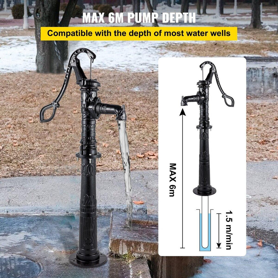 Manuelle Wasserpumpe aus Gusseisen mit Ständer in Schwarz von SYBC, Rustikaler Brunnen mit 1/2 Zoll Anschlüssen, H x B x T: 134,87 x 39,63 x 23,88 cm - Bild 3