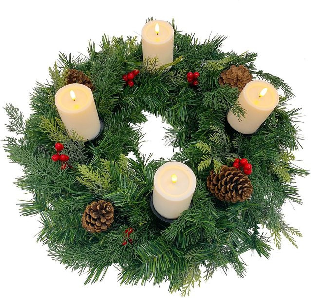 Gartenpirat Künstlicher Adventskranz in Grün mit 4 LED-Kerzen und Flacker-Effekt, Durchmesser: 60 cm - Bild 1