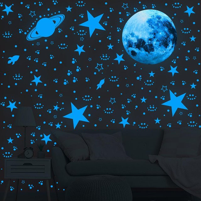 ASDA3 Leuchtende 947-teilige Mond-Sterne Wandaufkleber in Blau zur Decken- und Wanddekoration für das Kinderzimmer - Bild 1