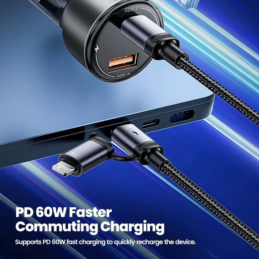 Toocki 2 in 1 USB-C Schnellladekabel mit 60W PD und 2,4A für iPhone 15 Pro, Samsung S23 und Xiaomi, Federkabel für Auto, Schwarz/Grau - Bild 3