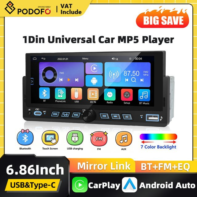 Podofo 1DIN Autoradio mit 6,86 Zoll Touchscreen, Carplay, Android Auto, Bluetooth und USB in Schwarz - Bild 1