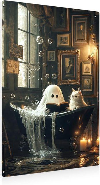 Potdemiel Halloween Wanddeko aus Metall Zinn mit Geist und Katze im Gothic Dark Academia Stil - Bild 1