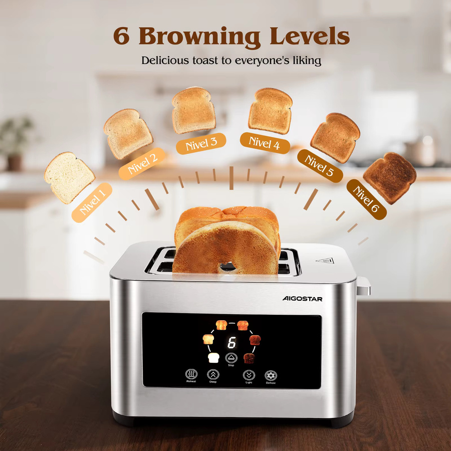 Aigostar Edelstahl Toaster in Silber mit LED-Touchscreen, 850W, 2 Scheiben, 4 cm extra breite Toastschlitze und 6 Bräunungsstufen - Bild 3