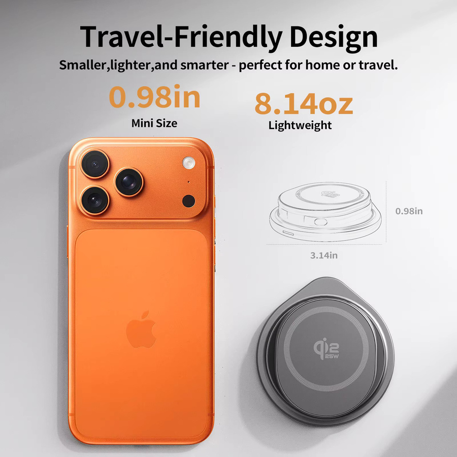 CrownQu Tragbares 25W Metall Wireless Ladegerät Qi 2.2 Schnelle Ladestation mit 360 Grad drehbarer Halterung und Ständer in Silber für iPhone, Apple Watch und AirPods - Bild 5
