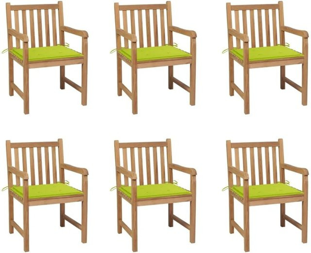 vidaXL Gartenstuhl-Set 6er Set aus Teak-Massivholz mit hellgrünen Polsterkissen in Braun und Grün - Bild 1