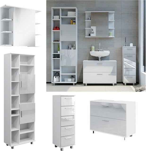 Vicco Badmöbel-Set Ilias Weiß Hochglanz modern mit Spiegelschrank und Hochschrank - Bild 1