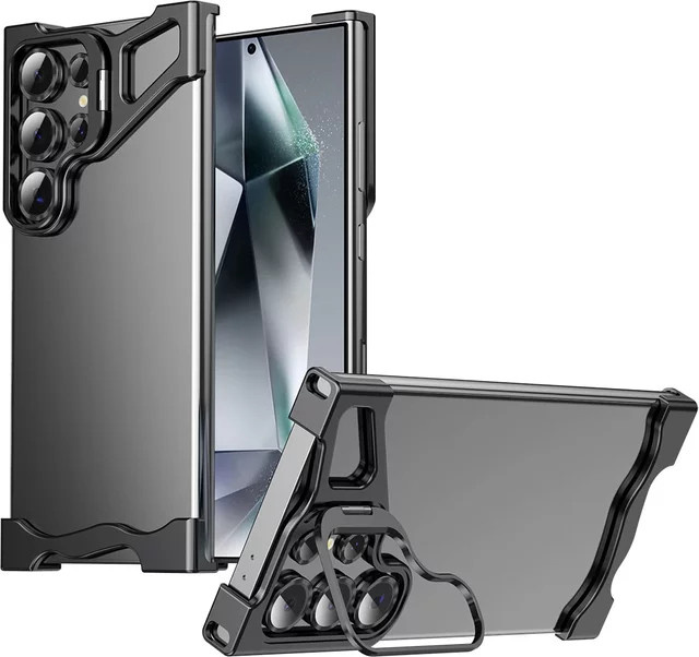Stoßfeste Metall-Schutzhülle mit integriertem Halter und Kameraschutz für Samsung Galaxy S25 S24 S23 S22 Ultra in Silber - Bild 1